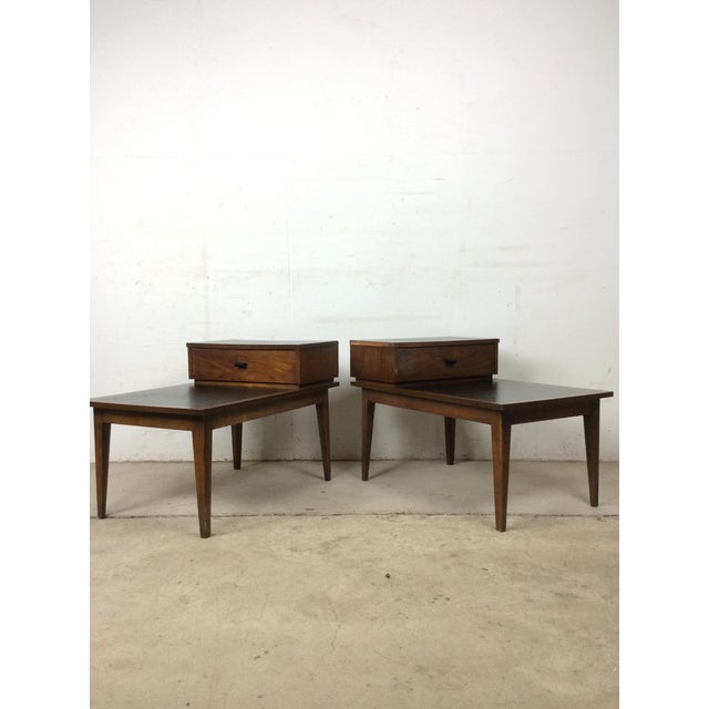 Pair Mid Century Modern Walnut Step Tables With Single Drawer For Sale - Image 9 of 12