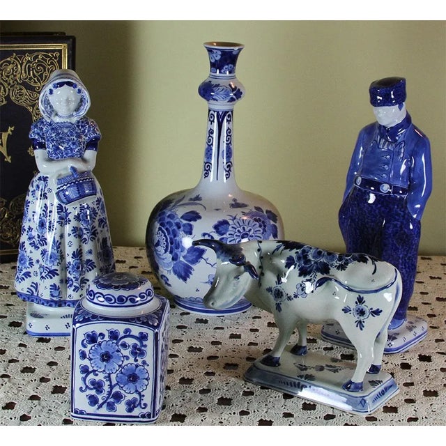 Blue 1960’s Vintage Delft Figurine-Peasant, With Blue Floral Decoration For Sale - Image 8 of 9