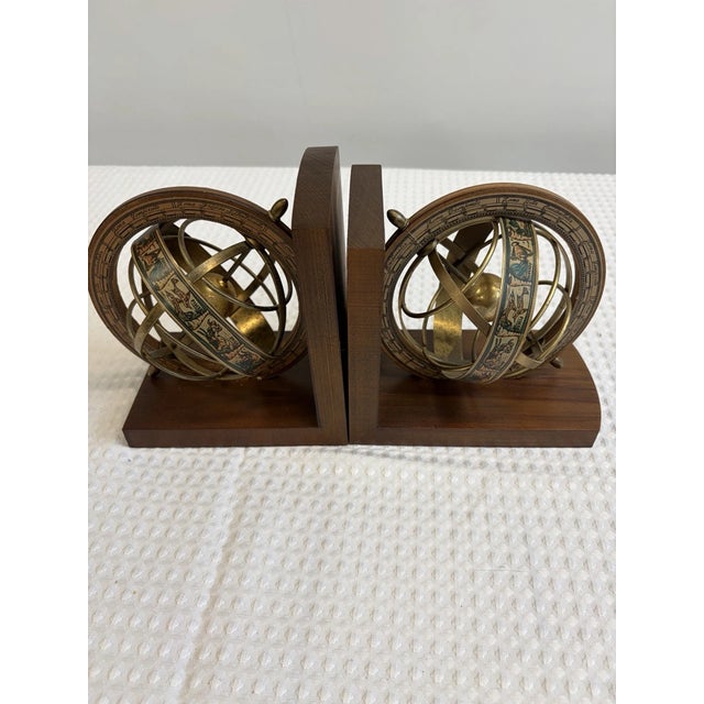 Vintage MCM Italian Armillary Sphere Zodiac Brass and Wood Bookends-Pair For Sale - Image 4 of 5