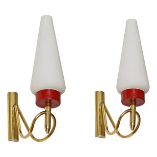 Sconces in Brass, Opal Glass and Red Metal attributed to Oscar Torlasco, Italy, 1950s, Set of 2 For Sale
