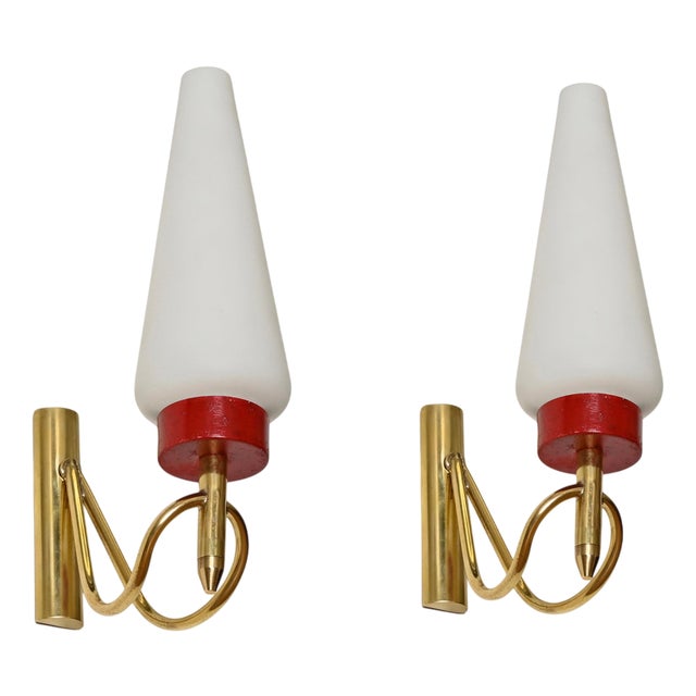 Sconces in Brass, Opal Glass and Red Metal attributed to Oscar Torlasco, Italy, 1950s, Set of 2 For Sale