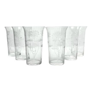 1910s Antique Fostoria Lotus 6 Etched Optic Highball Tumbler Glasses For Sale