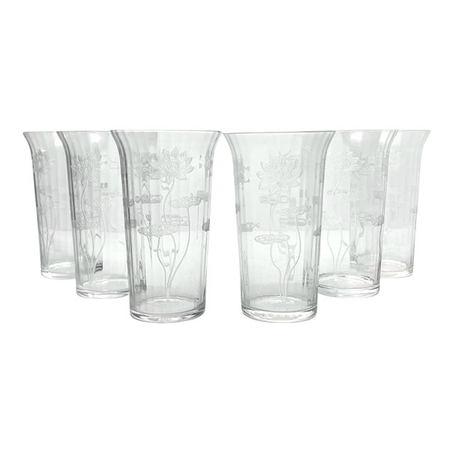 1910s Antique Fostoria Lotus 6 Etched Optic Highball Tumbler Glasses For Sale