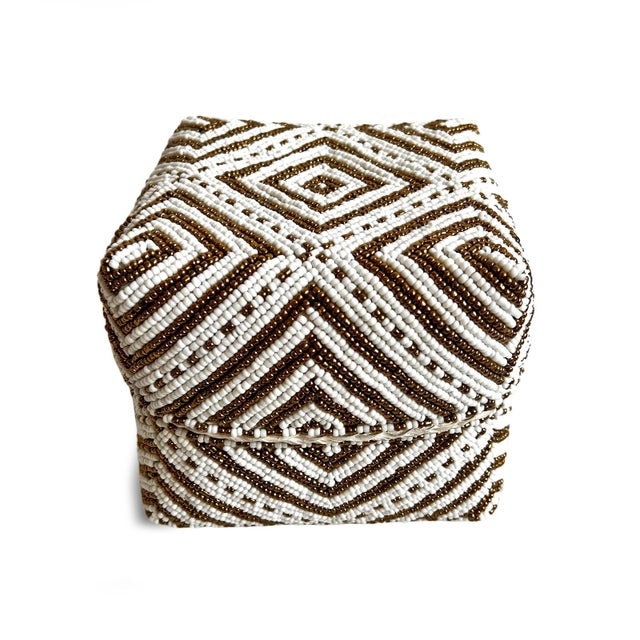 Beautiful vintage hand beaded accessory box made from woven bamboo and intricately covered with geometric triangle...