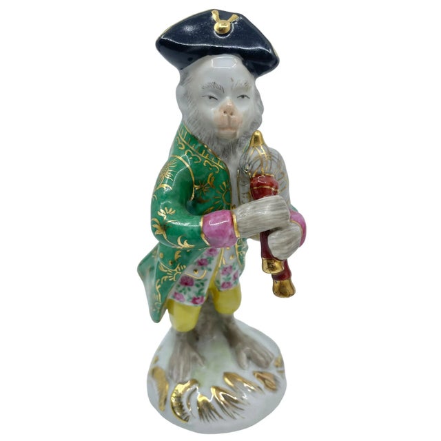 Early 20th Century Antique Porcelain Musical Monkey Statues - a Set of Two For Sale - Image 5 of 12