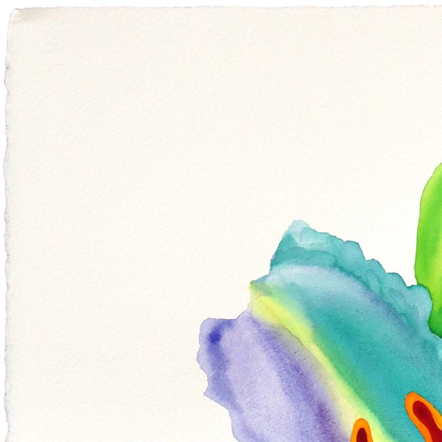 Contemporary Rainbowland Daylily - Original Blue and Yellow Floral Watercolor Painting on Paper by Xiao Wen Xu For Sale - Image 3 of 6