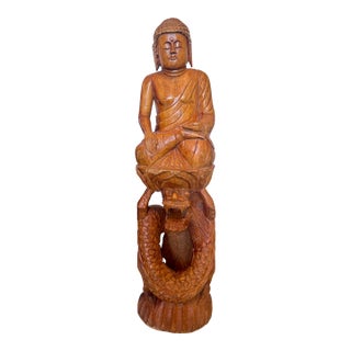 Early 20th Century Antique Hand Carved Wooden Buddha Statue For Sale