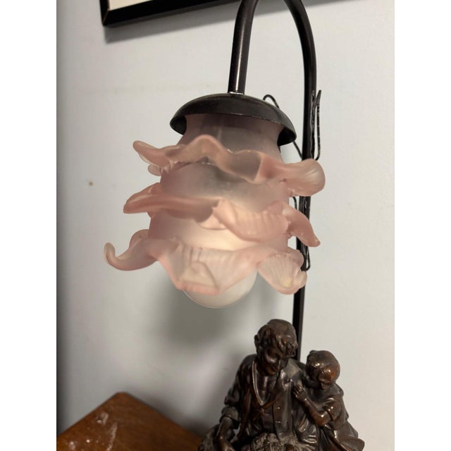 Metal Antique Napoleon III Spelter Lamp with Pink Glass Lampshade, 1890s For Sale - Image 7 of 10