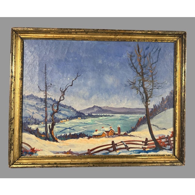 Textile Mid 20th Century Country Gilt Framed Snowy Landscape Oil Painting Canvas Signed For Sale - Image 7 of 12