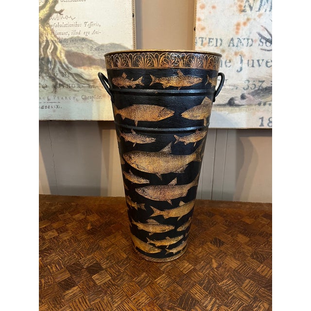 Vintage English Planter Jardiniere Urn Fish Decoupage Black Tole Lodge Décor For Sale - Image 10 of 18