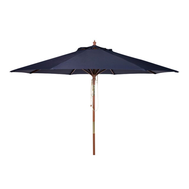 9 Ft Wooden Outdoor Umbrella in Navy For Sale
