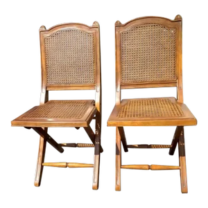 Solid Cherry and Cane Seat and Back Folding Chairs With Cushions, a Pair