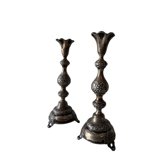 Rare 19th C. Antique Silver Judaica Shabbat Candlesticks Polish Szekman For Sale - Image 12 of 18