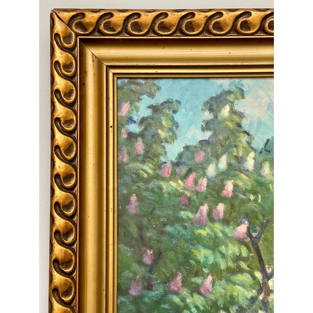 Paint Mid 20th Century Vintage Oil Painting Impressionist City Garden. Signed, Framed. For Sale - Image 7 of 10