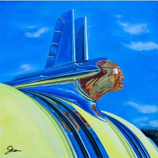 Pontiac Chieftain by Shan Fannin | Acrylic on linen canvas Classic car hood ornament against a blue sky For Sale