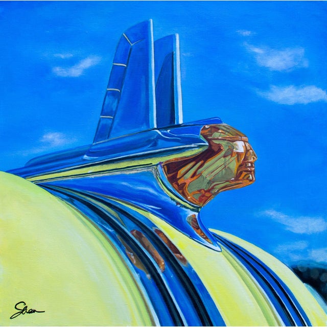 Pontiac Chieftain by Shan Fannin | Acrylic on linen canvas Classic car hood ornament against a blue sky For Sale