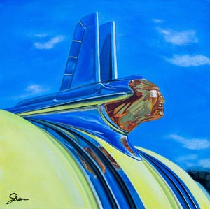 Pontiac Chieftain by Shan Fannin | Acrylic on linen canvas Classic car hood ornament against a blue sky
