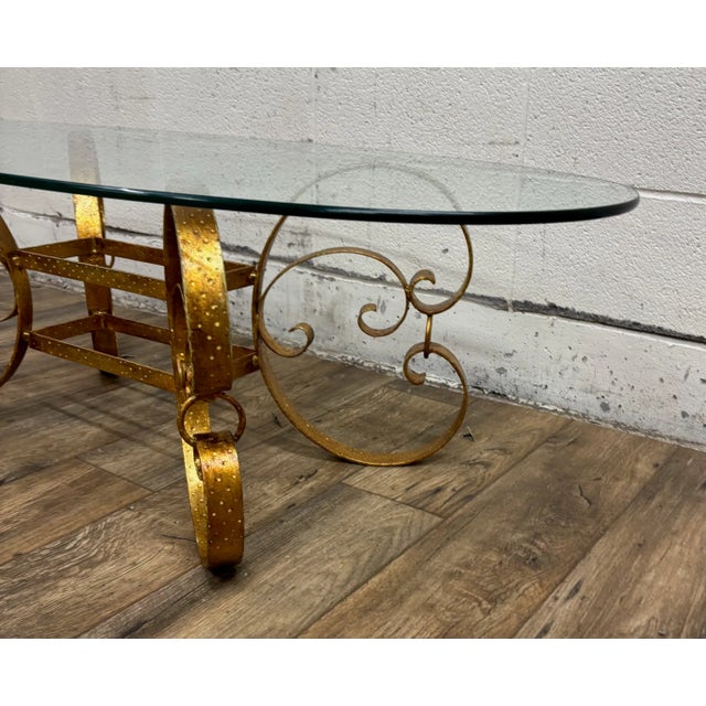 Metal Vintage Hollywood Regency Gold Wrought Iron Glass Top Oval Coffee Cocktail Table For Sale - Image 7 of 12