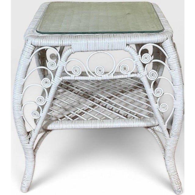 Hollywood Regency Vintage Boho Chic White Wicker Scrolled Side Tables With Glass Tops - A Pair For Sale - Image 3 of 13