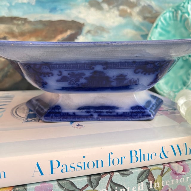 Antique Flow Blue Hexagon Rimmed Pedestal Bowl For Sale In San Antonio - Image 6 of 18