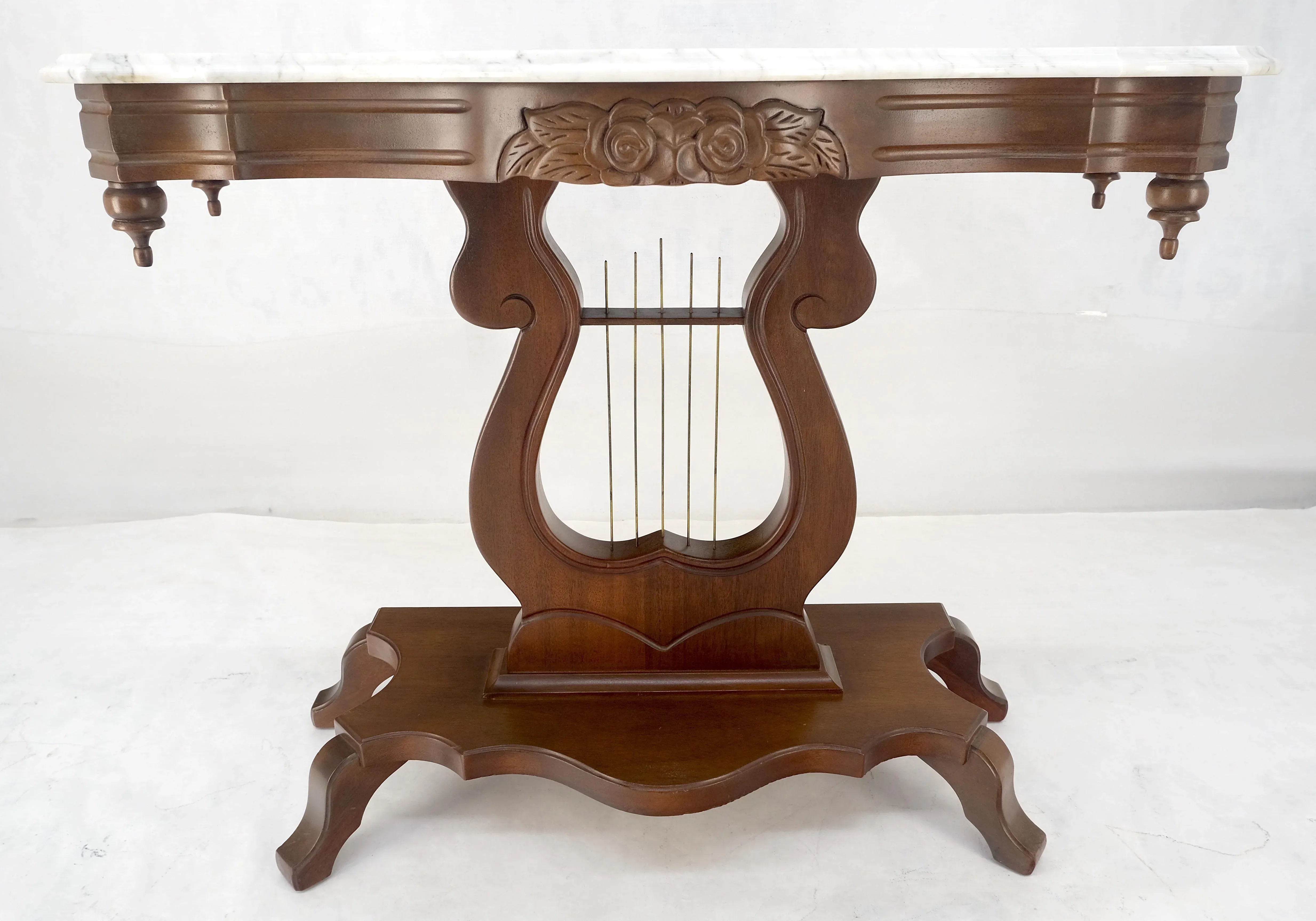 Carved Walnut Lyre Base Victorian Style Marble Top Console Table