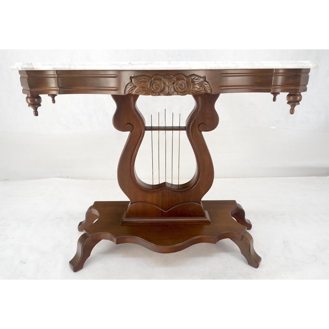 Victorian Carved Walnut Lyre Base Victorian Style Marble Top Console Table For Sale - Image 3 of 12