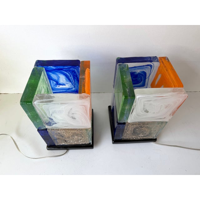 Contemporary Pair of Lamps Cubic Pennellate Murano Glass. Italy For Sale - Image 9 of 12