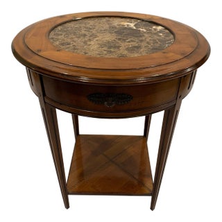Round Fruitwood Side Table With Inset Marble Top For Sale