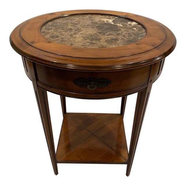 Round Fruitwood Side Table With Inset Marble Top For Sale