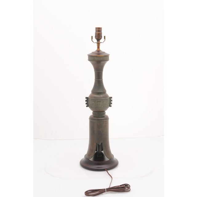Wood Striking Pair of Patinated Bronze Table Lamps by Marbro Lamp Co. - 1950s For Sale - Image 7 of 12