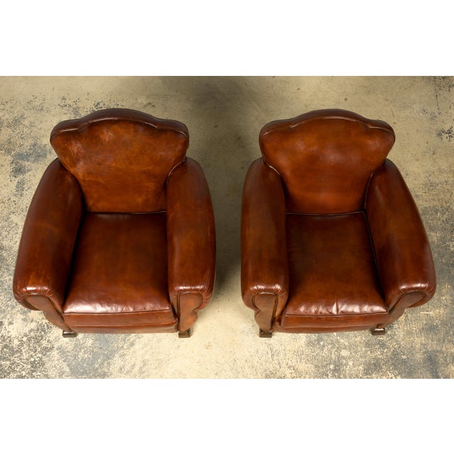 Art Deco 1940s French Art Deco Cognac Leather Club Chairs, Pair For Sale - Image 3 of 7