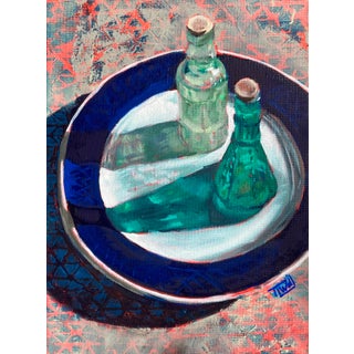 Secret Meeting by Tracy Wall | Oil on canvas Still life of two green bottles on a plate For Sale