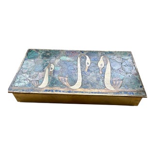 Vintage Mexican Brass & Semiprecious Stone Mosaic Box With Stylized Swan Motif, in the Style of Los Castillo, Circa 1950s For Sale