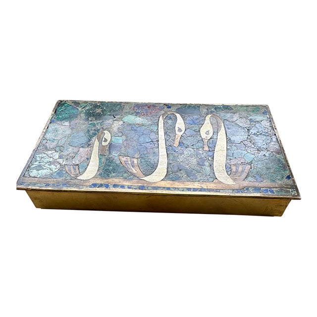 Vintage Mexican Brass & Semiprecious Stone Mosaic Box With Stylized Swan Motif, in the Style of Los Castillo, Circa 1950s For Sale