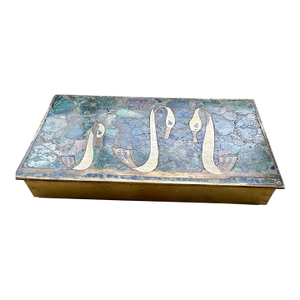 Vintage Mexican Brass & Semiprecious Stone Mosaic Box With Stylized Swan Motif, in the Style of Los Castillo, Circa 1950s