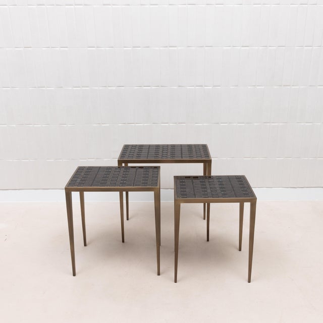 Set of 3 Nesting Tables in Black Shagreen and Black Pen Shell With Bronze Patina Brass by R&y Augousti For Sale In Los Angeles - Image 6 of 12