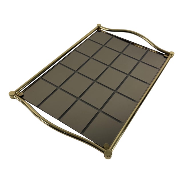 Large Italian Tray in Brass and Smoked Mirrored Glass, 1980s For Sale