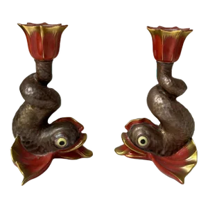 Vintage Herend Porcelain Hungary Koi Fish Figure Candleholders Candlesticks- a Pair