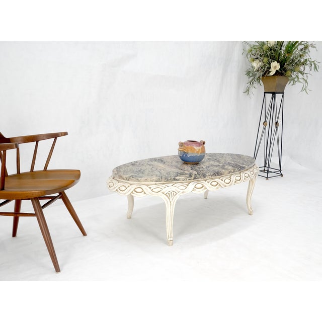 1970s Braided Bezel Oval Marble Top White Pickle Finish French Provincial Coffee Table For Sale - Image 5 of 9
