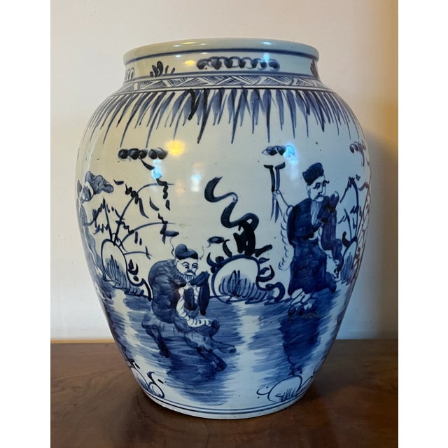 Chinoiserie Large Antique 19th Century Chinese Blue & White Ming Transitional Style Porcelain Vase or Jar For Sale - Image 3 of 12