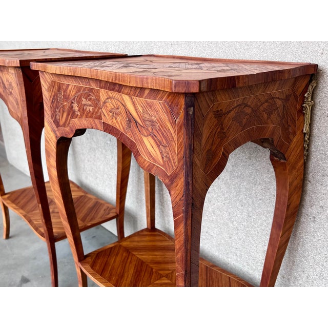 18th Century Style French Louis XV Marquetry Side Table or Nightstands, a Pair For Sale - Image 11 of 18
