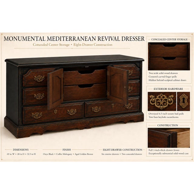 1960s 1960s Monumental Mediterranean Revival Solid Pine Dresser in Onyx Black & Coffee Mahogany For Sale - Image 5 of 7