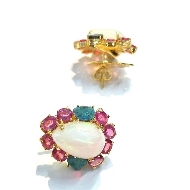 White Bochic “Orient” Red Ruby & Blue White Opal Earrings Set 18K Gold & Silver - 2 Pieces For Sale - Image 8 of 8