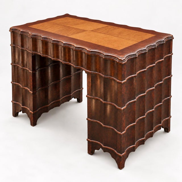 Mid 20th Century Hollywood Regency Scalloped Mahogany Faux Tortoise Kneehole Desk / Vanity For Sale - Image 5 of 7