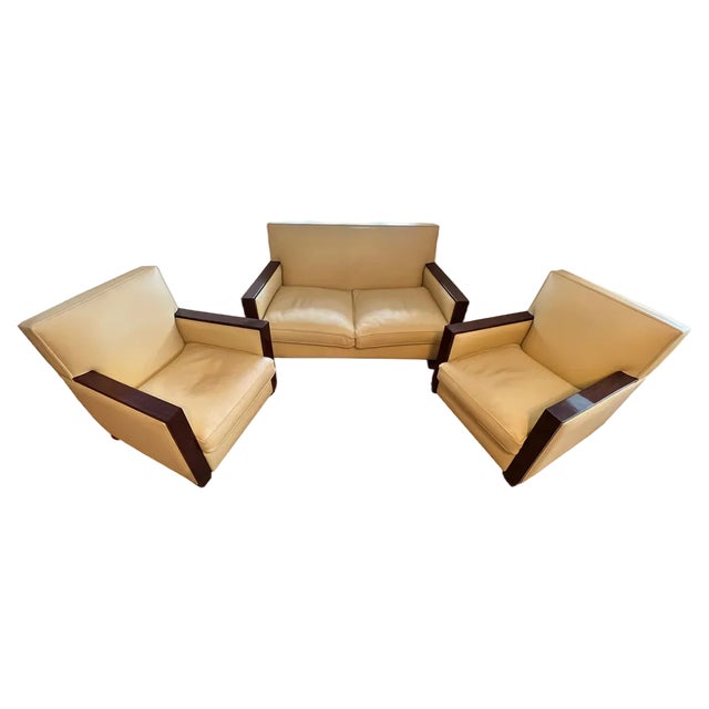 Original Art Deco Leather Sofa and Amrchairs, 1930s, Set of 3 For Sale