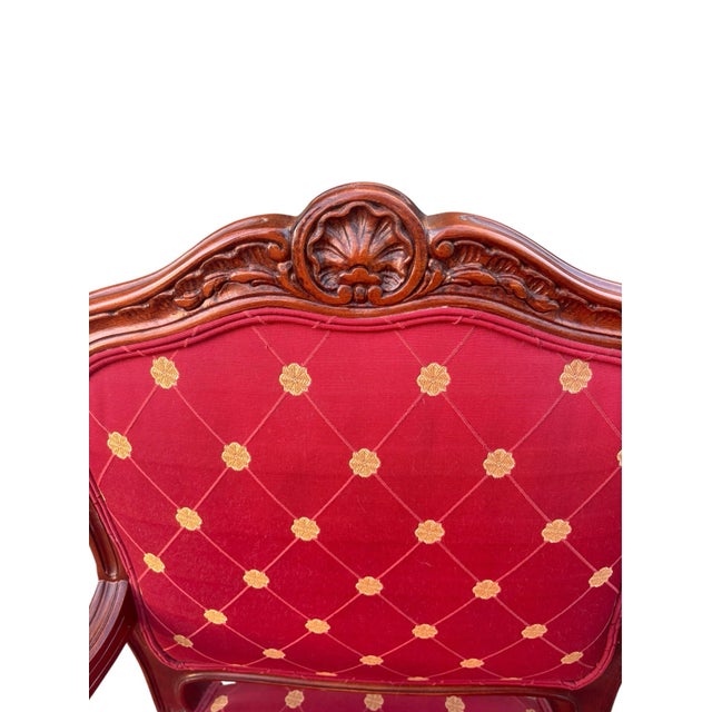 Ethan Allen French Louis XV Style Carved Cherry Armchair in Red & Gold For Sale - Image 10 of 12