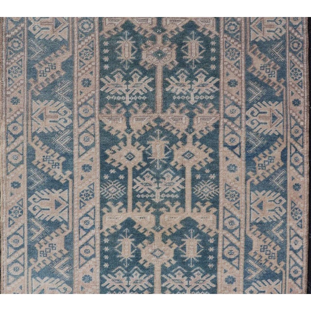 Tribal Blue and Cream Turkish Oushak Rug Vintage With All-Over Motif Design 3'11"x6'3" For Sale - Image 3 of 10