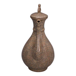 Ge Style Crackle Glaze Porcelain Ewer, Dragon Spout Lidded Wine Pitcher For Sale