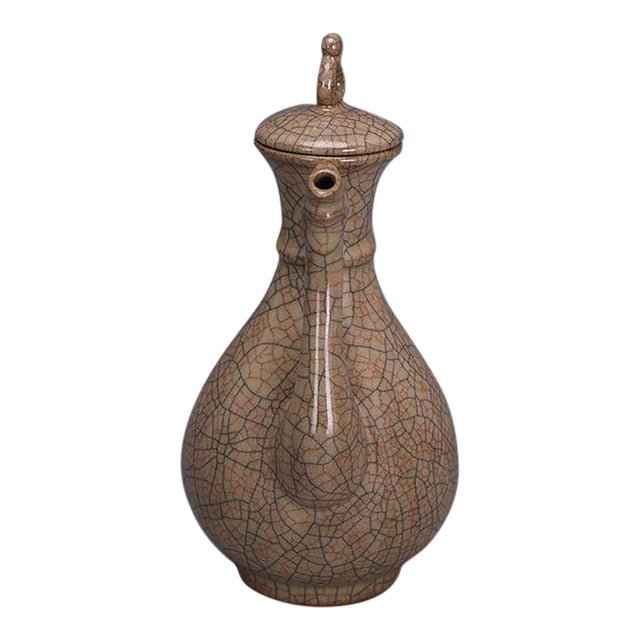 Ge Style Crackle Glaze Porcelain Ewer, Dragon Spout Lidded Wine Pitcher For Sale