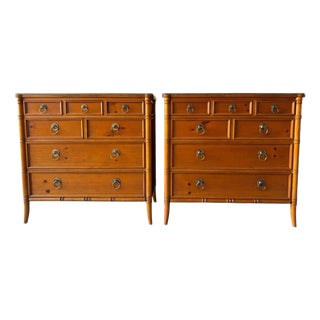 1970s Baker Furniture Faux Bamboo Pine Chinoiserie Mid Century Commodes - A Pair For Sale